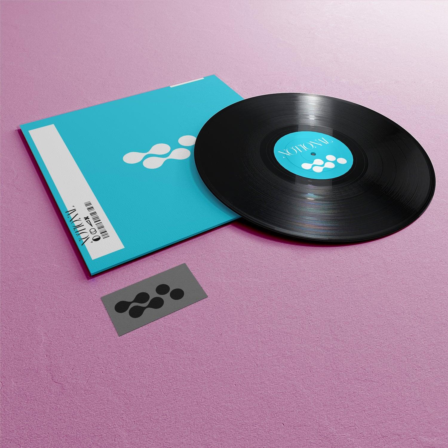 Customizable 12" Vinyl Mockup: Disc on top of Sleeve & Download Card. Design Your Dream Album Cover!