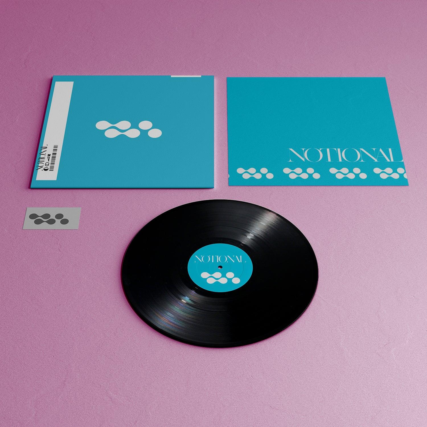 Customizable 12" Vinyl Mockup! Disc, Sleeve, Inner Sleeve & Download Card. Flat on Pink Background. Low Angle View.