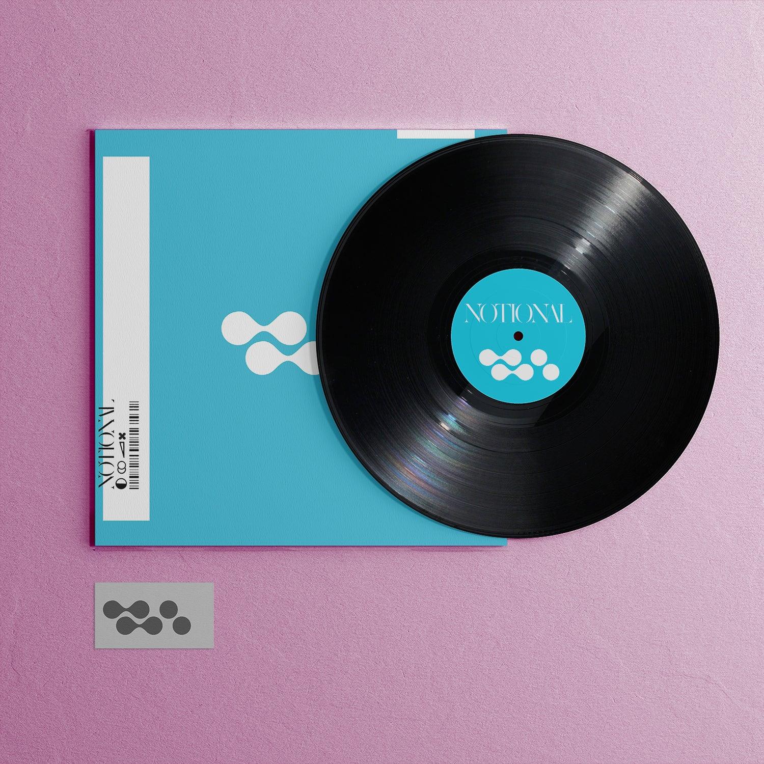 Editable Black 12" Vinyl Mockup. Disc on top of Sleeve with Download Card below. Showcase Your Music with Impact.
